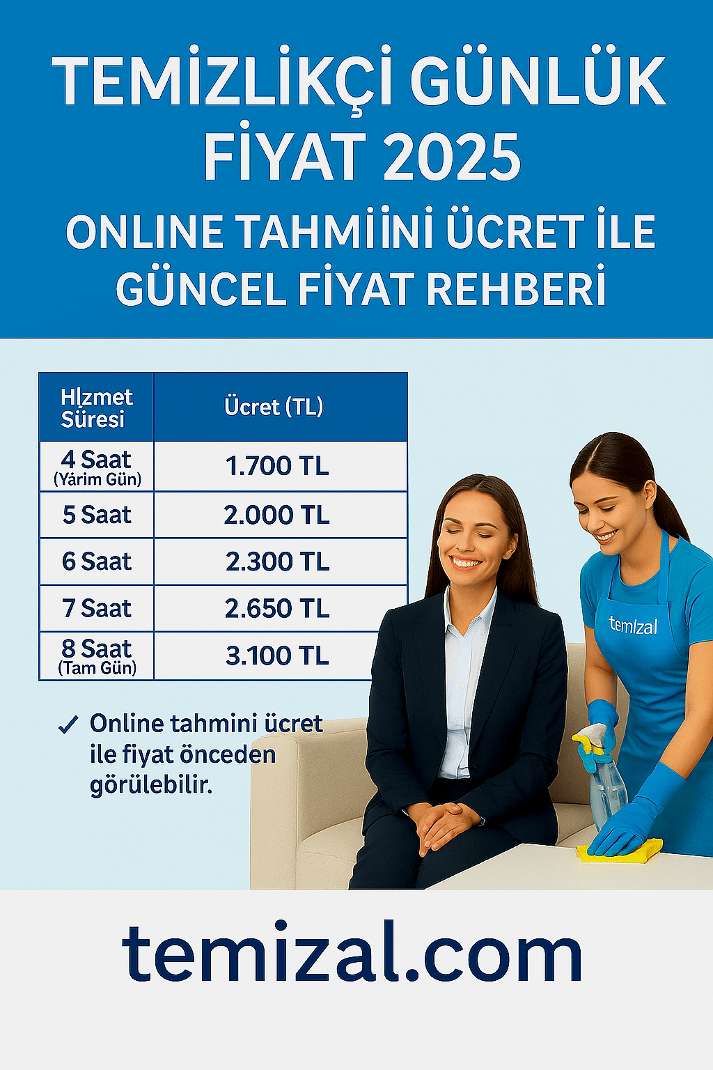 Temizlikçi Günlük Fiyat 2025 – Online Tahmini Ücret ile Güncel Fiyat Rehberi